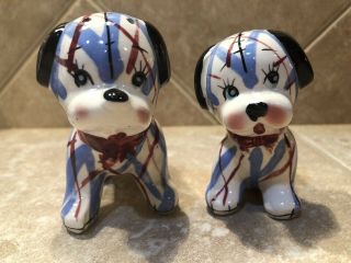 Vintage Blue Red Gingham Puppy Dog Japan Salt & Pepper Shakers Anthropomorphic