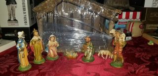 Vintage Nativity Set From Italy With Wooden Manger Creche - Plastic Italy 243