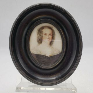 Antique Hand Painted Portrait Of Woman In Black Wooden Oval Frame 4 " Tall