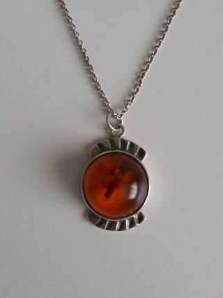 Vintage Sterling Silver Necklace With Round Amber Pendant
