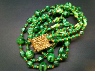 Vintage 50s Czech Givre Satin Cats Eye Green Glass 4 Strand Necklace -