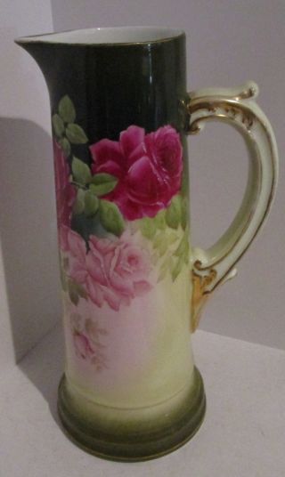 Antique P T Germany 13 " Tall Ceramic Pitcher Ewer - Pink Roses On Green
