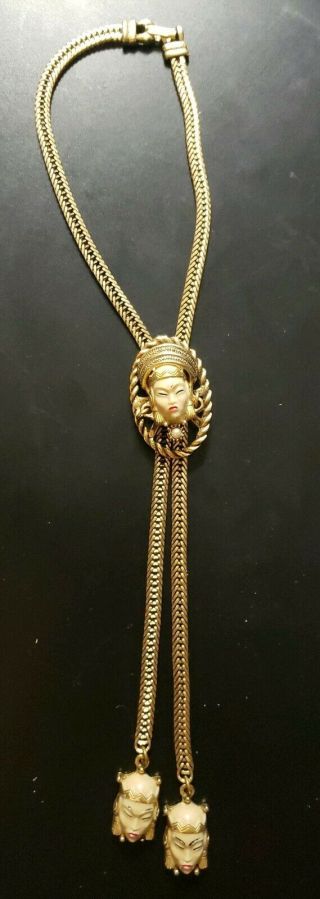 Selro Selini Asian Princess Gold Tone Bolo Lariat Slide Necklace Vintage 1950s