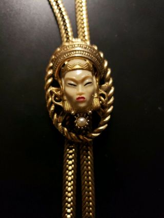 Selro Selini Asian Princess Gold Tone Bolo Lariat Slide Necklace Vintage 1950s 2