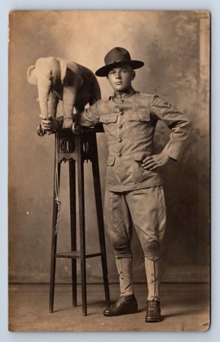 Vintage Rppc Wwi Military Soldier W/ Large Steiff Elephant Pull Toy Marine A11