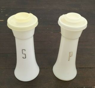 Vintage Tupperware White Silver Letters Hourglass Salt & Pepper Shakers 6 Inch