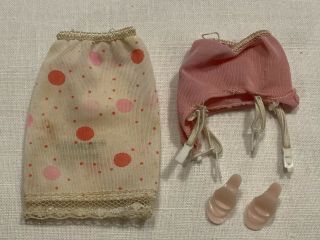 Vintage 60s Barbie Lingerie Clothes Pink And White Slip,  Pink Garter,  Pink Shoes