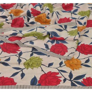 Sanskriti Vintage Cream Saree 100 Pure Crepe Silk Printed Sari 5yd Craft Fabric