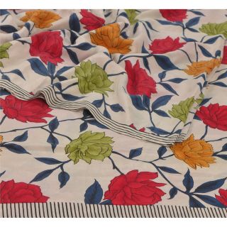 Sanskriti Vintage Cream Saree 100 Pure Crepe Silk Printed Sari 5Yd Craft Fabric 2
