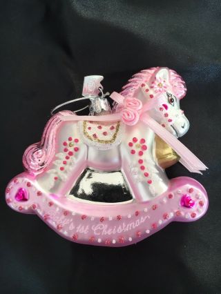 Vintage Babys 1st First Christmas Blown Glass Pink Rocking Horse Ornament Tree
