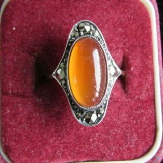 Vintage Art Deco Marcasite And Moonstone Ring Silver And Gold Mount Size L