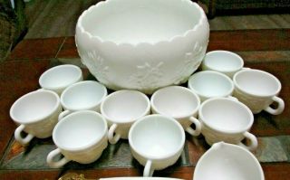 Vintage Westmoreland Milk Glass Punch Bowl With 11 Punch Cups