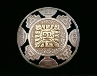 Vintage Sterling Silver 18k Yellow Gold Peru Peruvian Aztec Pin Brooch