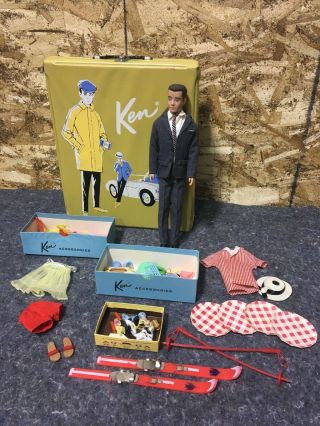 Vintage 1960 Ken Doll With Carry Case,  Outfits,  Skis,  & Barbie Shoes
