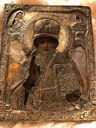 Antique 84 Silver Russian Orthodox Hand Painted Icon 19th Century 7 X 5.  75 In