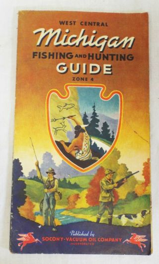Vintage 1942 Michigan Fishing & Hunting Guide Map Mobilgas Socony - Vacuum Oil Co.