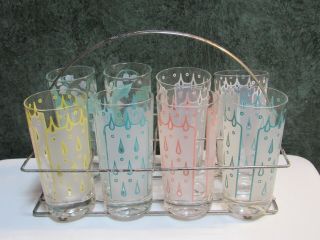 8 Vintage Mid Century Drinking Glasses With Metal Caddy