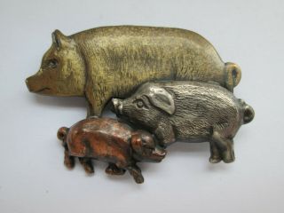 Vintage Signed K&t Copper Silver Brass Pig Piglets Farm Animal Brooch Pin