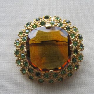 Vintage Gold Tone Flower Brooch With Brown And Green Rhinestones
