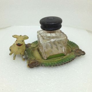Antique Inkwell Tin Tray And Cast Iron Painted Pig Clear Glass Ink Well Enamel