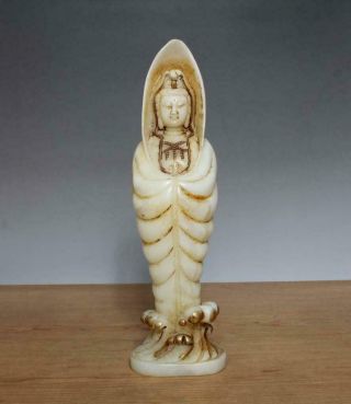 Antique Chinese White Jade Buddha Statue W/guanyin Buddha