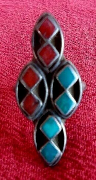 Vintage Hopi Sterling Silver Turquoise And Red Coral Ring Size 6 -