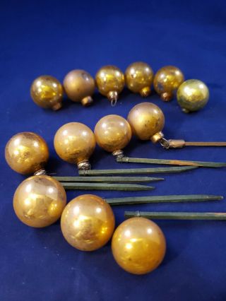 13 Vintage Mercury Glass Christmas Balls Wood Picks Gold 1 "