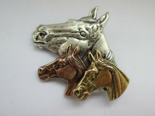 Vintage Crafted Silver Gold Bronze Horses Heads Equestrian Brooch Pin