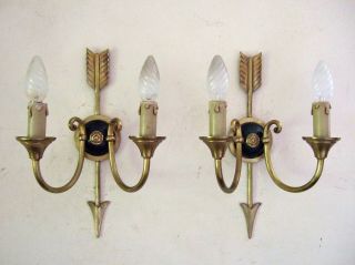 Pair Antique French Gilt Bronze Empire 2 Branch Wall Sconces,  With Arrows