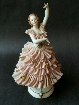 Dresden Large Lace Ballerina Figurine Poss Franz Wittwer 11 " X 6 " Pretty In Pink