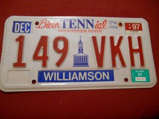 1796 - 1996 Tennessee Bicentennial License Plate: 149 - Vkh: Williamson County