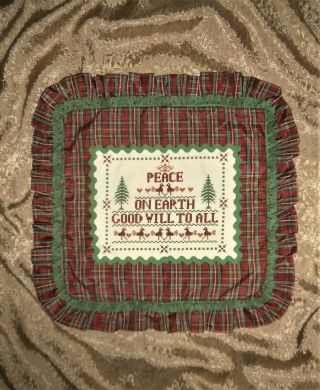 Tartan Plaid Ruffled Finished Cross Stitch Sampler Vtg Country Christmas Pillow