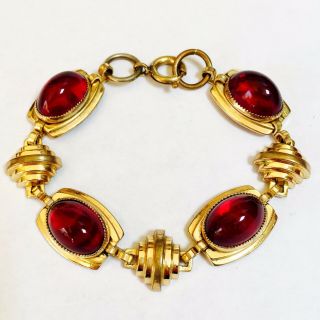 Vintage Art Deco Ruby Red Glass Cabochon Gold Tone Link Monet Bracelet Small