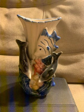 Vintage Hand Painted Ceramic Vase Sea World Seashell,  Fish & Dolphins 8” Tall
