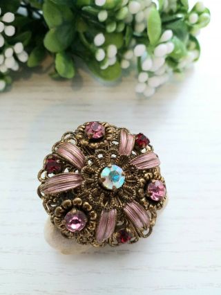 Vintage Old Jewellery - Czech Flower Brooch With Pink Enamel & Glass Stones.  C1920.