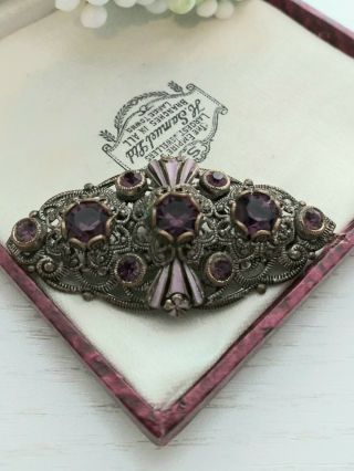 Vintage Old Jewellery - Czech Enamel Flower Brooch Pin With Amethyst Glass.  C1900.