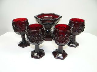 Vintage Avon Ruby Red Glass Cape Cod Wine Glasses/goblets And Candy Dish