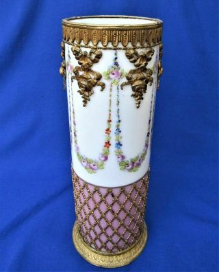 Antique French Sevres France Gilt Ormolu Bronze Porcelain Footed Cylinder Vase