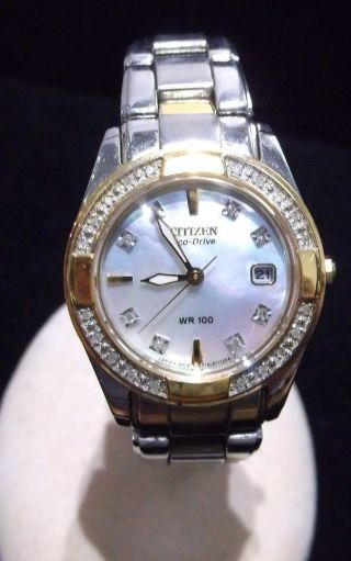 Vintage Ladies Citizen Eco - Drive Wr 100 2 - Tone Mother - Of - Pearl/rhinestones Watch