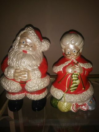 Vtg " Atlantic Mold " Christmas Mr & Mrs Santa Claus Ceramic Figurines Opalescent
