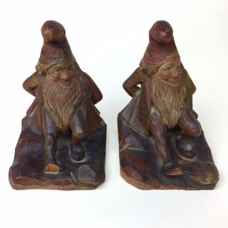 2 Antique Anri Carved Wood Book Ends Folk Art Men Resting Gnomes Figural Italy