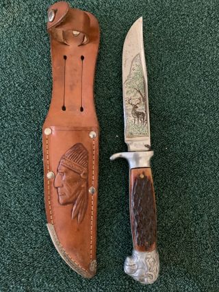 Vintage A.  F.  I.  Solingen Germany Knive Figural Head Buck On Blade & Indian Sheath