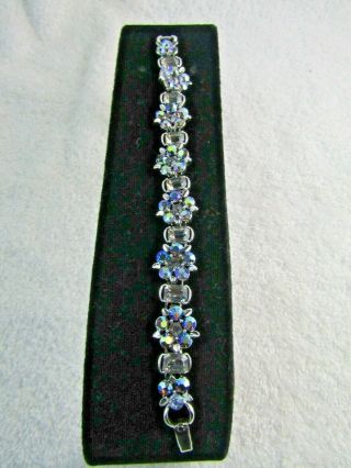 Vintage Lisner Aurora Borealis Rhinestone Silver Tone Statement Bracelet 7 "