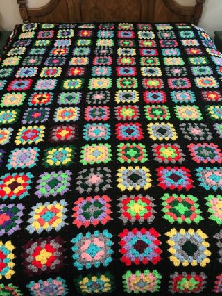 Vtg Handmade Crochet Afghan Blanket 59x95 Granny Squares Red Yellow Blue Green