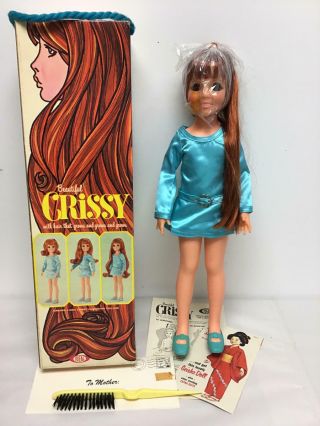 Vintage 1969 Ideal Crissy Doll In Turquoise Dress With Box