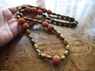 Antique Victorian Chinese Natural Red Coral & Tiger Eye Beads Necklace