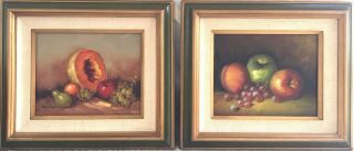 Pair Vtg Mid - Century Framed Oil Paintings,  Still Life/fruit - Signed