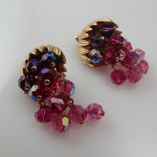 Vintage Pink Ab Crystal Dangle Waterfall Gold Tone Clip Earrings