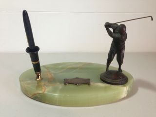 Vintage Golf Trophy Pen Holder Green Marble Base Audubon Cc (1930s) W/golfer