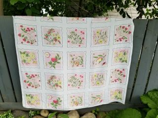 Pretty In Pink Fruits And Flowers Vintage Linen Tablecloth